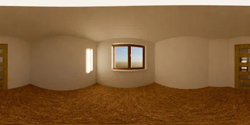 Bright 3D rendered interior with white walls, wave-patterned wooden floor, ajar door, and natural sunlight for scene lighting.