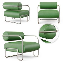 "Realistic leather armchair in green with a streamline moderne metal frame, inspired by Pieter Franciscus Dierckx's constructivist style. This non-binary ARDENT CLUB sofa is designed for top-notch quality, perfect for your Blender 3D renderings."