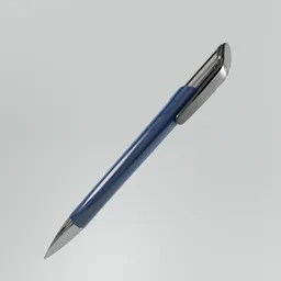 Realistic 3D model of a blue retractable pen with metal elements rendered in Blender.