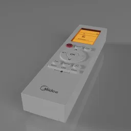 "3D model of a Midea air conditioner remote control, designed for household appliances in Blender 3D. The remote features yellow buttons, a white color scheme, and a glass cover, with realistic ambient occlusion rendering. Ideal for furniture design sheets or healthcare worker simulations."