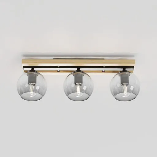 Realistic 3D-rendered triple lamp with wood, steel, and smoked glass, suitable for Blender ENRIQUE LINDBY collection.