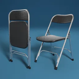 High-quality Blender 3D model of a rigged black leather folding chair with a metallic round frame.