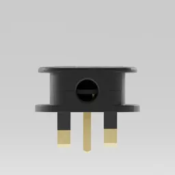 Detailed 3D Blender model of a UK 13A electrical plug with brass prongs and insulating body.