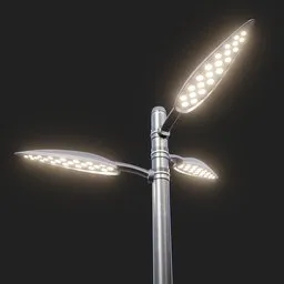 High-detail Blender 3D model of a modern tall street lamp with multiple illuminated heads, suitable for exterior design visualization.