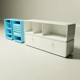 White and light blue minimalist 3D model furniture set for Blender with modern design.