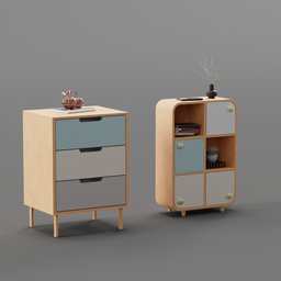 3D modeled wooden cabinets with drawers and shelves for interior design, compatible with Blender.