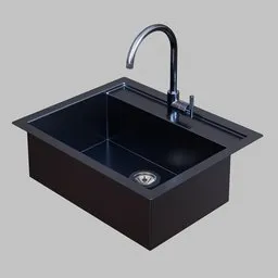 "3D model of a black sink with chrome faucet, strainers and drain in Blender 3D. Realistic and detailed design inspired by Caesar van Everdingen. Perfect for architecture and interior design projects."
