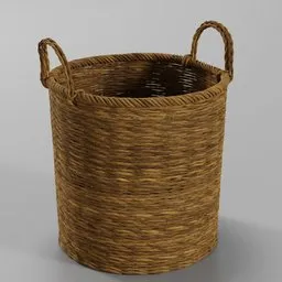Detailed 3D-rendered straw basket with handles suitable for decoration in diverse home settings, available for Blender.