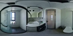 360-degree HDR panorama of a contemporary well-lit bathroom for scene lighting