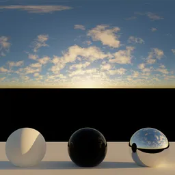 Dynamic range preview with matte, glossy, and glass spheres under a 12K morning sky with clouds.