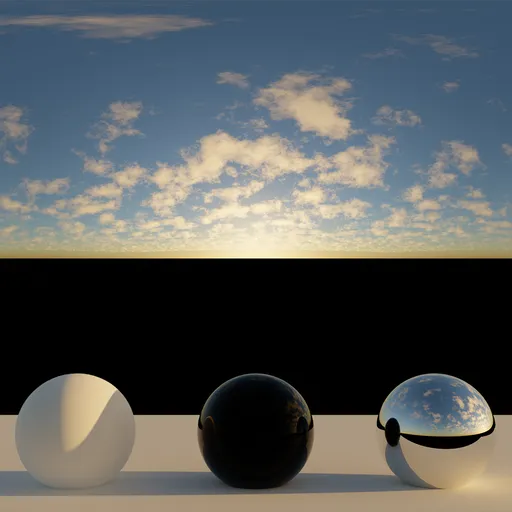 Dynamic range preview with matte, glossy, and glass spheres under a 12K morning sky with clouds.