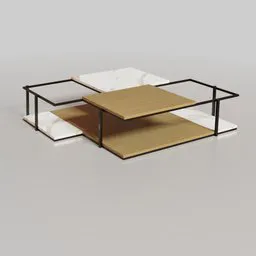 Detailed Blender 3D model showcasing a modern coffee table with metal frame, wooden shelf, and marble tops.