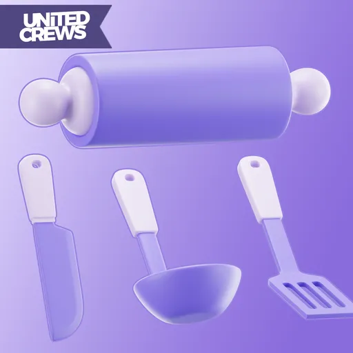 High-quality Blender 3D stylized kitchen utensil models including a rolling pin and spatulas.