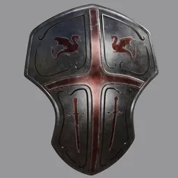 "Medieval military shield with horse and dragon emblem in black and reddish color. 3D model for Blender 3D, suitable for games and historical simulations."