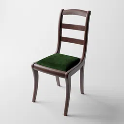 Detailed 3D model of a wooden chair with green velvet cushion, compatible with Blender for rendering.