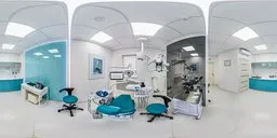 Modern dental clinic interior HDR panorama with equipment and chairs.