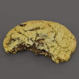 Realistic 3D model of a half-eaten chocolate chip cookie, detailed texture, ideal for Blender rendering.