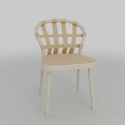 "COLLAGE Chair: A fusion of classic bentwood technique and modern aesthetics with handsewn leather details. Made in Blender 3D with a wooden seat and white mesh rope accents. French provincial furniture style with an ivory finish. Perfect for contemporary interiors."