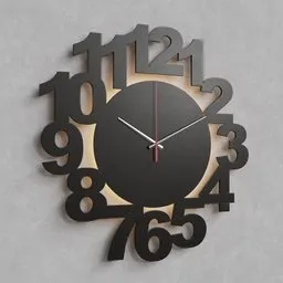 Modern 3D-rendered wall clock with artistic numerals and subtle backlight, suitable for Blender 3D projects.