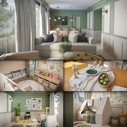 Multi-room 3D Blender scene with PBR textures, realistic lighting, and unique material finishes for creative use.