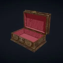 "Wooden box with pink lining and blue gemstones, 3D model for Blender 3D. Detailed Unreal Engine 5 render with red brocade design. Ideal for bag and case category, perfect for adding a touch of elegance to your 3D projects."