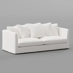 Realistic 3D low-poly white sofa model with cushions, suitable for Blender rendering and interior design visualization.
