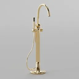 "Free standing Damixa bathtub faucet in gold with hose, rendered with Corona in Blender 3D. This industrial container-inspired model features an extremely slim body and a sleek design, taking inspiration from Giovanni Battista Cipriani and Kuroda Seiki. Perfect for enhancing your 3D scenes with a touch of elegance."
