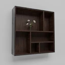 3D modeled wooden wall shelf with compartments and flowers, designed for interior visualization in Blender.