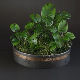 Realistic Blender 3D model featuring a lush tropical plant arrangement in a stylish pot for interior design visualization.