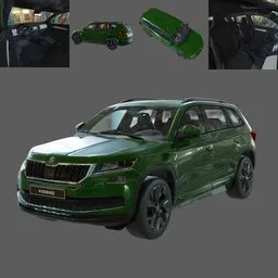 High-detail green SUV 3D model viewed from various angles, compatible with Blender for animation and rendering.