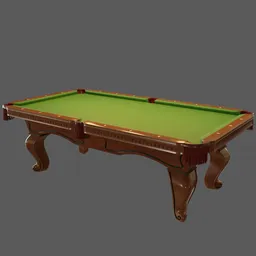 Detailed 3D model of a regulation pool table with intricate design, ideal for Blender rendering and game room scenes.