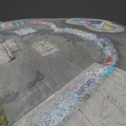 Realistic 3D Blender model of a graffiti-covered skate park with ramps and bowls.