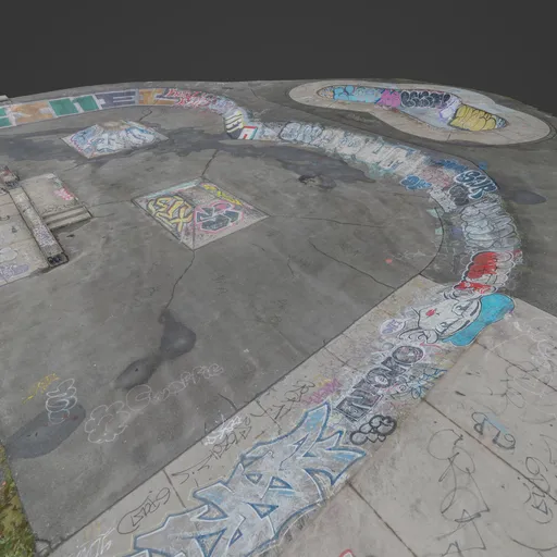 Realistic 3D Blender model of a graffiti-covered skate park with ramps and bowls.