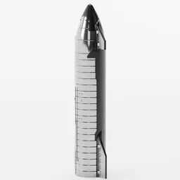 "Spacecraft model in Blender 3D: Starship, a futuristic silver rocket-shaped object with intricate engravings and a black matte finish, developed by SpaceX. This two-stage crewed/unmanned heavy launch system features a Super Heavy booster stage for leaving Earth. Perfect for sci-fi enthusiasts and 3D modelers."