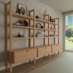 Detailed wooden open shelf with drawers and decorative items, perfect for Blender 3D interior design.