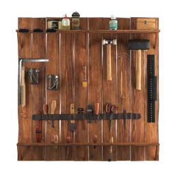 "Low poly Workbench 3D model rendered with Cycles in Blender 3D. Detailed wooden wall with tools hanging, perfect for utility and industrial projects. Crafted by Roland Zilvinskis, this highly detailed 3D art brings a maintenance area or a cabin scene to life with its rich textures and realistic design."