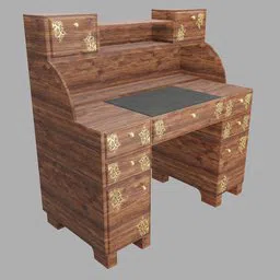 Detailed wooden 3D model of a traditional desk with ornate drawers for Blender rendering.