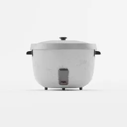 "Highly detailed 3D model of an old-style rice cooker for Blender 3D. This household appliance features a white exterior with a lid, showcasing photorealistic rendering and soft image shading. Perfect for concept renders and product visualizations in the domain of household appliances."