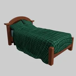 "Cartoon wooden bed with green blankets, 3D modeling concept, highly detailed design and 4k textures for Blender 3D. Perfect for home decor or simulation projects."