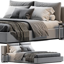 "3D model of a bed by Restoration Hardware, with a Cloud Platform design. Featuring a stunning render with brushed steel construction and an overall monochromatic color palette. Available in Blender format for use in 3D designs and animations."