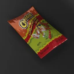 "3D model of a ChipBag in Blender 3D software. This realistic model features a close-up view of a hot cheetos bag on a table, with visible wrinkles and textures. Ideal for gaming renders and various applications like concept art, game assets, and more."