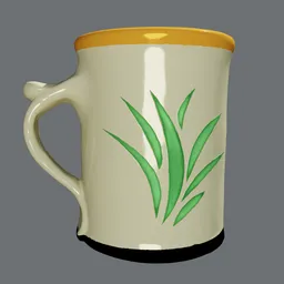 "Ceramic coffee cup with green plant, created in Blender 3D, perfect for container category. Minimalist and photorealistic design, with realistic grass and pottery details."
