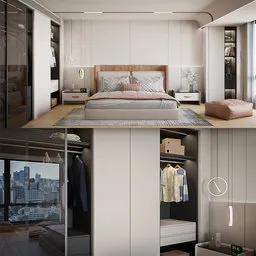 Realistic 3D cabin bedroom model featuring PBR textures, unique Marvelous-designed bed, and Substance-material details.