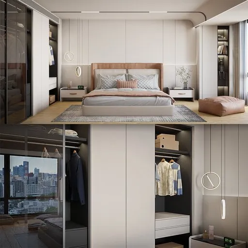 Realistic 3D cabin bedroom model featuring PBR textures, unique Marvelous-designed bed, and Substance-material details.