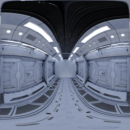 360-degree HDR panorama of a serene, minimalist white and grey high-tech corridor with subtle blue lighting.