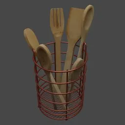 3D rendered wooden spoons bouquet in a red wire basket for Blender modeling reference