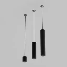 "Industrial style triple ceiling lamp 3D model for Blender 3D. Features three black lamps hanging from a monochrome ceiling, with single long stick pendants and ultrahigh detail. Created by Jang Seung-eop, an award-winning designer."