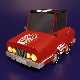 "Low poly red truck with flame decals and hood lights on, perfect for motion graphics and mobile game development. This Blender 3D model features a monochrome design with a 2048 texture and is ideal for 3D modeling enthusiasts and game creators."