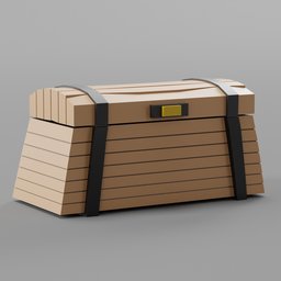 "Low poly wooden chest game asset for Blender 3D. Features a metal latch and is perfect for loot or treasure in game design. Isometric style with detailed wood grain texture."