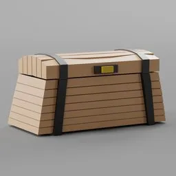"Low poly wooden chest game asset for Blender 3D. Features a metal latch and is perfect for loot or treasure in game design. Isometric style with detailed wood grain texture."